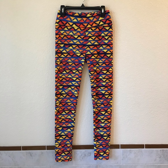 Lularoe Leggings Tights One Size Triangle Print Fall Colors Orange Yellow Blue - Picture 3 of 10